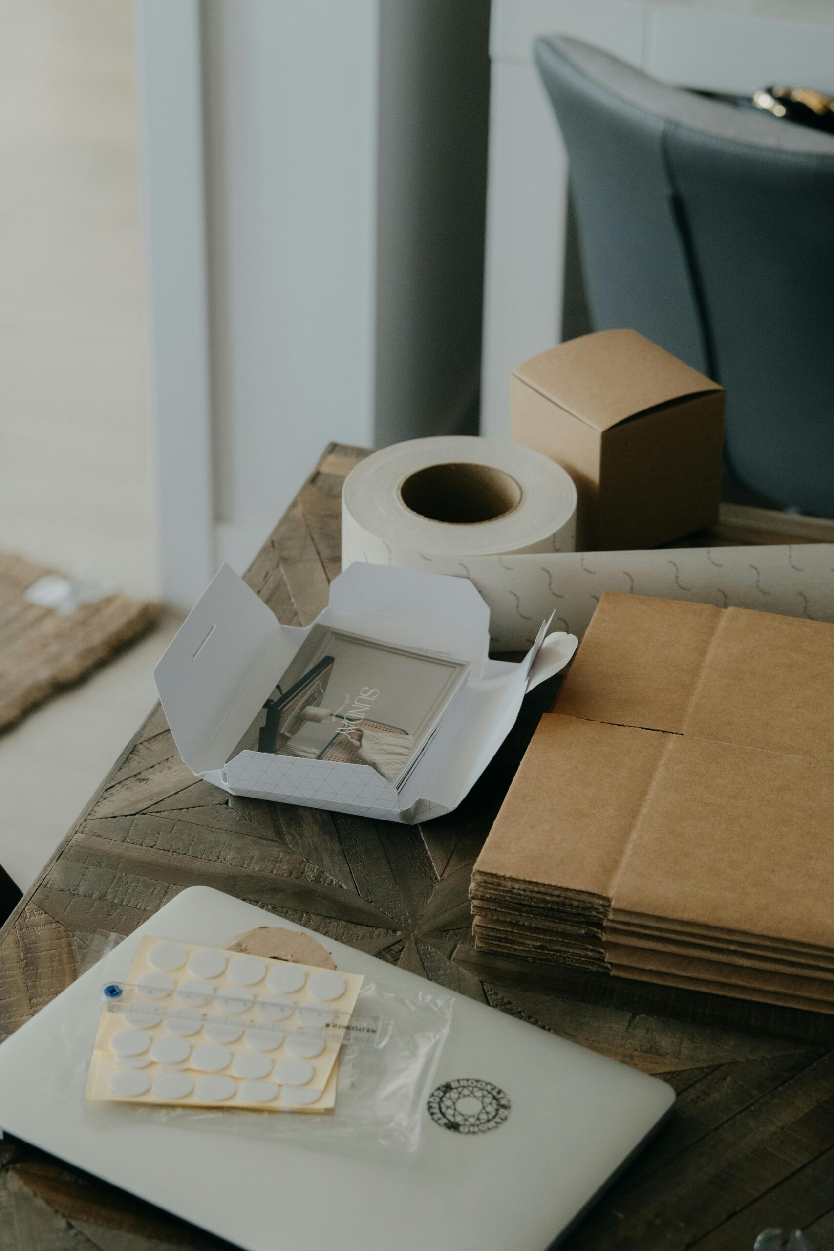 Home A collection of eco-friendly packaging materials laid out on a rustic wooden table.